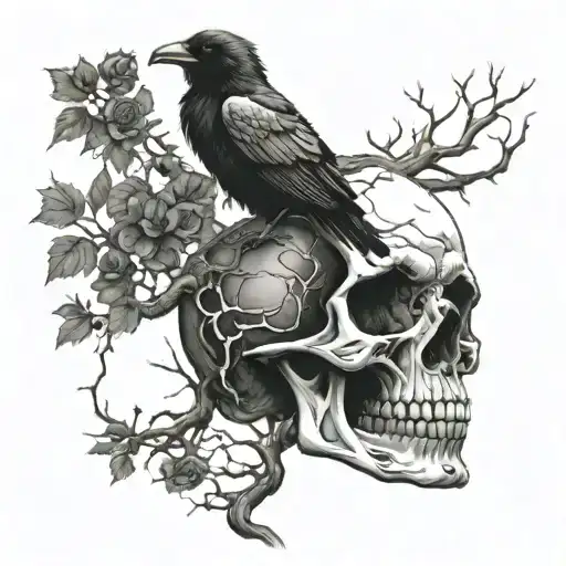 A skull intertwined with a raven perched on a twisted tree branch, with smoke rising in the background tattoo design idea