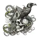 A skull with snake-like vines wrapping around it, with a raven flying overhead and a haunted house in the background tattoo design idea