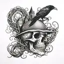 A skull with snake-like vines wrapping around it, with a raven flying overhead and a haunted house in the background tattoo design idea