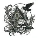 A skull with snake-like vines wrapping around it, with a raven flying overhead and a haunted house in the background tattoo design idea
