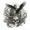 A skull with snake-like vines wrapping around it, with a raven flying overhead and a haunted house in the background tattoo design idea