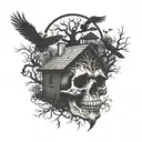 A skull with intricate snake patterns, surrounded by ravens and trees, with a haunted house silhouette in the background tattoo design idea