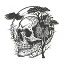 A skull with intricate snake patterns, surrounded by ravens and trees, with a haunted house silhouette in the background tattoo design idea