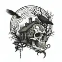 A skull with intricate snake patterns, surrounded by ravens and trees, with a haunted house silhouette in the background tattoo design idea