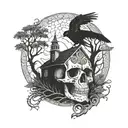 A skull with intricate snake patterns, surrounded by ravens and trees, with a haunted house silhouette in the background tattoo design idea