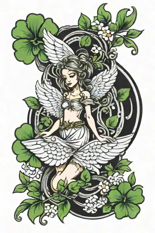 angel, 4-leaf clover, wings tattoo design idea