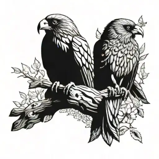 a raven and an european magpie on the front of the picture. a great grey owl above and behind them. black and white tattoo design idea
