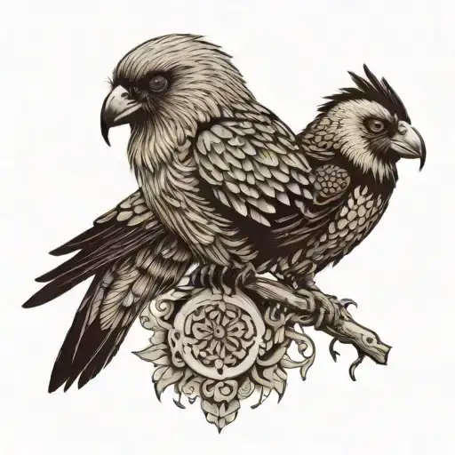 a raven and an european magpie on the front of the picture. a great grey owl above and behind them. black and white tattoo design idea