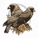 a raven and an european magpie on the front of the picture. a great grey owl above and behind them. black and white tattoo design idea