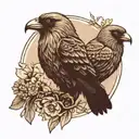 a raven and an european magpie on the front of the picture. a great grey owl above and behind them. black and white tattoo design idea