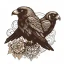 a raven and an european magpie on the front of the picture. a great grey owl above and behind them. black and white tattoo design idea