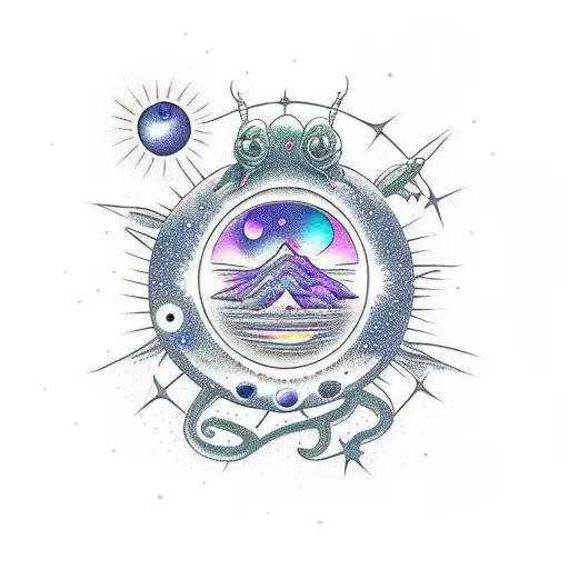 An otherworldly landscape with alien creatures exploring a starlit sky tattoo design idea