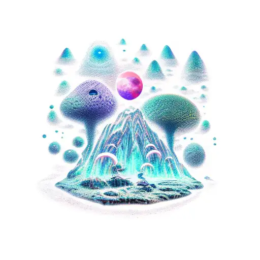 An otherworldly landscape with alien creatures exploring a starlit sky tattoo design idea