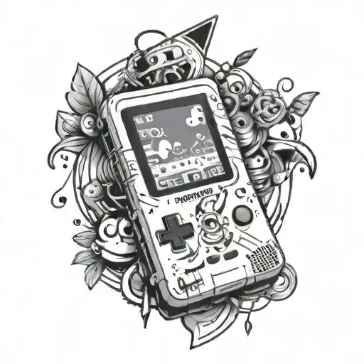 A tattoo design of a Gameboy surrounded by musical notes and anime characters, reflecting your interests in music, Nintendo, and anime tattoo design idea