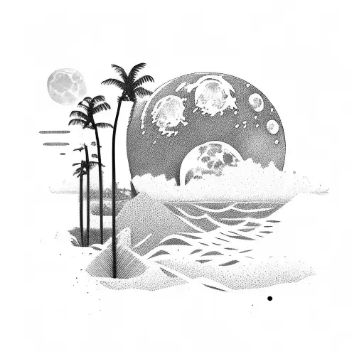 Palm trees water moon tattoo design idea