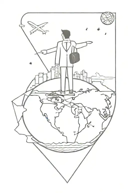 A real estate agent standing on top of a globe, surrounded by travel destinations tattoo design idea