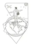 A real estate agent standing on top of a globe, surrounded by travel destinations tattoo design idea