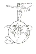 A real estate agent standing on top of a globe, surrounded by travel destinations tattoo design idea