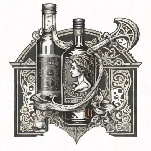 An intricate design of a pickaxe intertwined with a bottle of whiskey and a silhouette of a dancer, representing the client's passion for mining and hookers tattoo design idea
