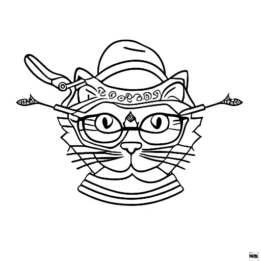 A minimalist cat silhouette with a crochet hook as its tail tattoo design idea