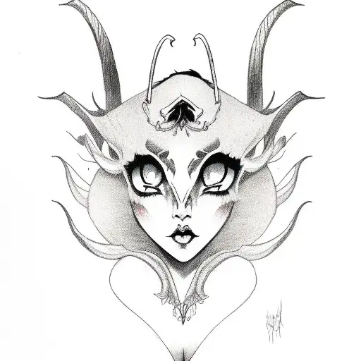 demon girl in lingerie, with goat horn, in top view looking up, innocent looking tattoo design idea