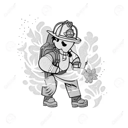 A firefighter hiking up a mountain surrounded by flowers tattoo design idea