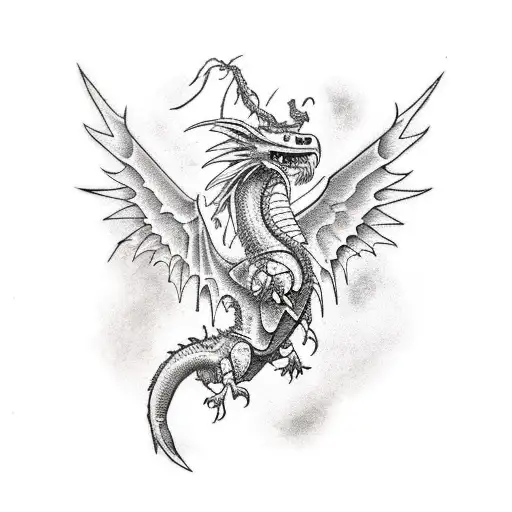 A strong winged dragon on his arm and chest tattoo design idea