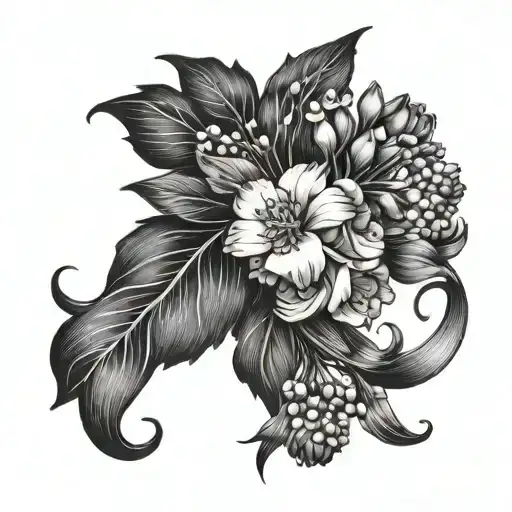 hawthorn, lily of the valley,  carnations, and snowdrop birth flowers intertwined tattoo design idea