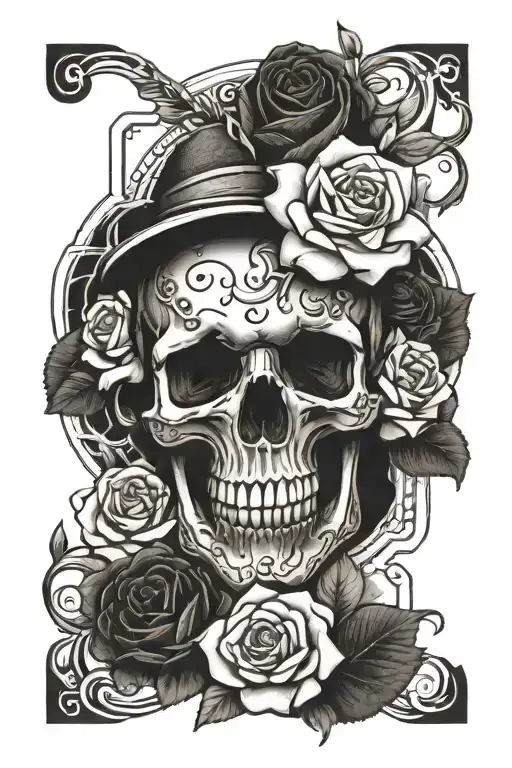 skull and hot rod and roses  tattoo design idea