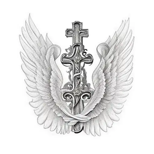 baroque style cross with wings on the side tattoo design idea