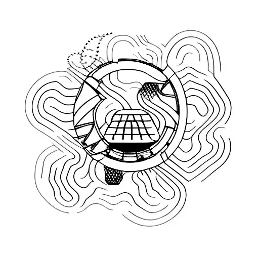 A minimalist tattoo of a car tire track transforming into a hiking trail, reflecting the client's passion for both automotive engineering and hiking. tattoo design idea