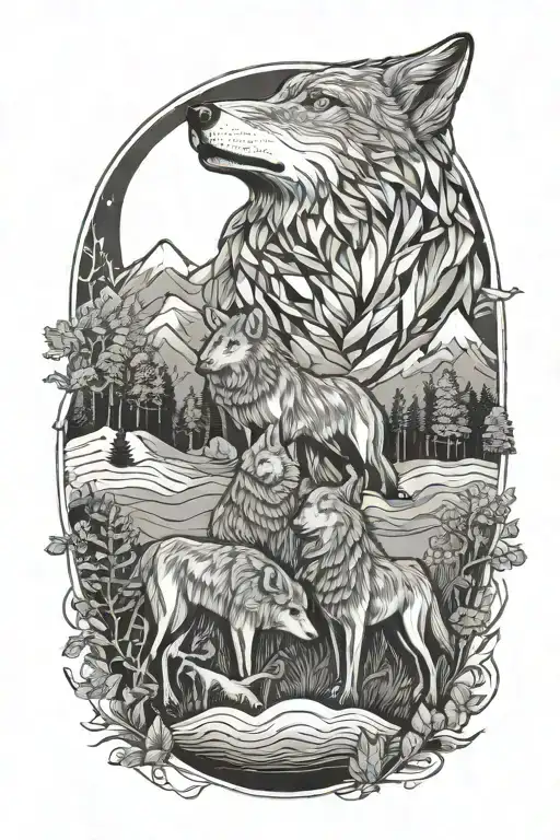 meadow and wolves howling at the moon tattoo design idea