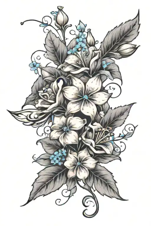 A vibrant new-school design featuring a honey suckle vine wrapping around a forget me not flower, with roses scattered throughout tattoo design idea