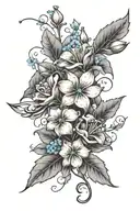 A vibrant new-school design featuring a honey suckle vine wrapping around a forget me not flower, with roses scattered throughout tattoo design idea