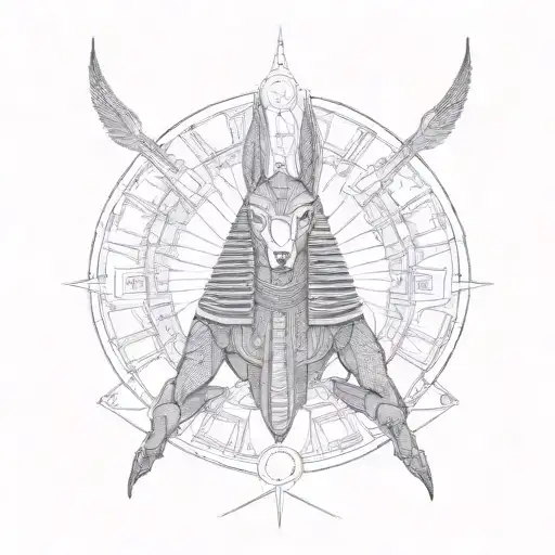 anubis wearing egyptian armor made of magical seals, runes ,sacred geometry  tattoo design idea