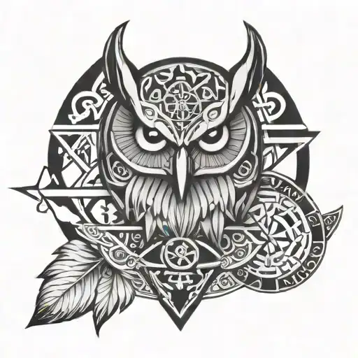 viking war tattoo with owl and geometric shales tattoo design idea