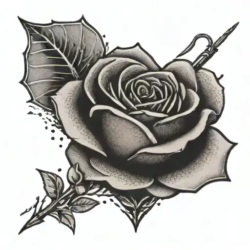 A half heart made out of golf tees intertwined with a single line rose tattoo design idea