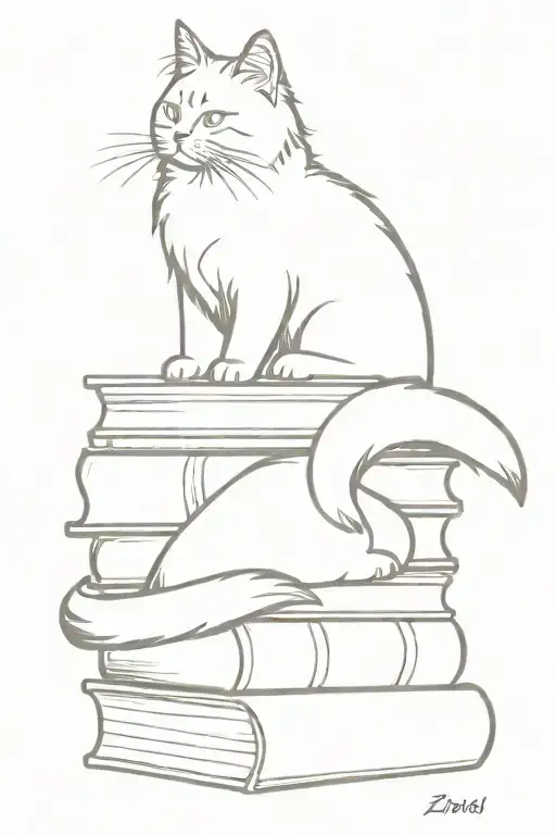 a pile of books, a black tabby Siberian cat on top of the books, a white Siberian cat sleeping at the foot of the books tattoo design idea