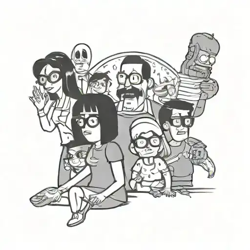 A spooky Bob's Burgers scene with horror movie characters as the Belcher family tattoo design idea
