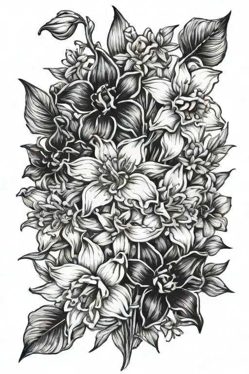 Bouquet with: daffodils, cherry blossoms, iris, violets, primrose, cosmos and marigold flowers  tattoo design idea