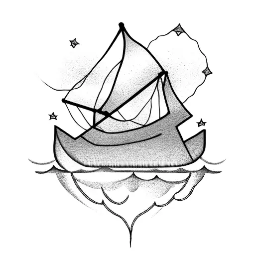 a small boat on a lake, in the sky chinese lanterns and two 4-pointed stars one bigger than the other  tattoo design idea