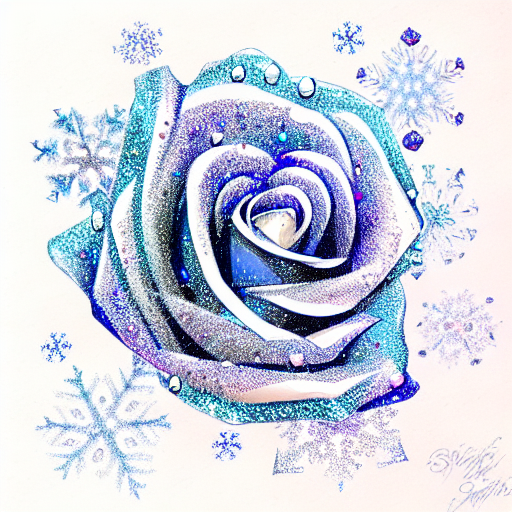 glitter rose with blue gem in the middle and snowflakes around tattoo design idea