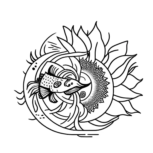 sunflower and moon and koi fish yin and yang in a line tattoo design idea