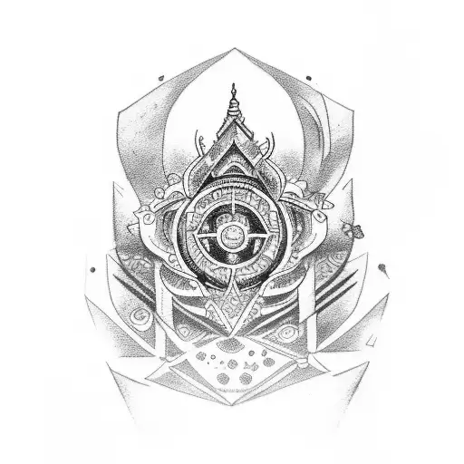 arm band tattoo which has temple, travel and peace symbol  tattoo design idea