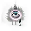 All Seeing Eye on the right hand followed by an enshrouded Misty forest wandered by lost souls searching for grace tattoo design idea