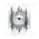 All Seeing Eye on the right hand followed by an enshrouded Misty forest wandered by lost souls searching for grace tattoo design idea
