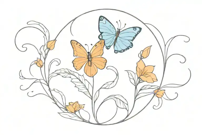 half blue butterfly half orange flowers with butterfly body in the middle tattoo design idea