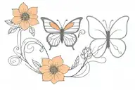 half blue butterfly half orange flowers with butterfly body in the middle tattoo design idea