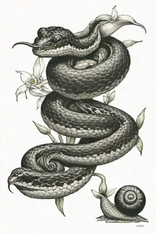 Snake, snail, pale, snowdrops black tattoo design idea