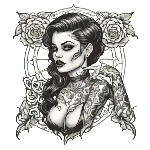 gothic pin up girl with fine lines integrated into a blackout tattoo design idea